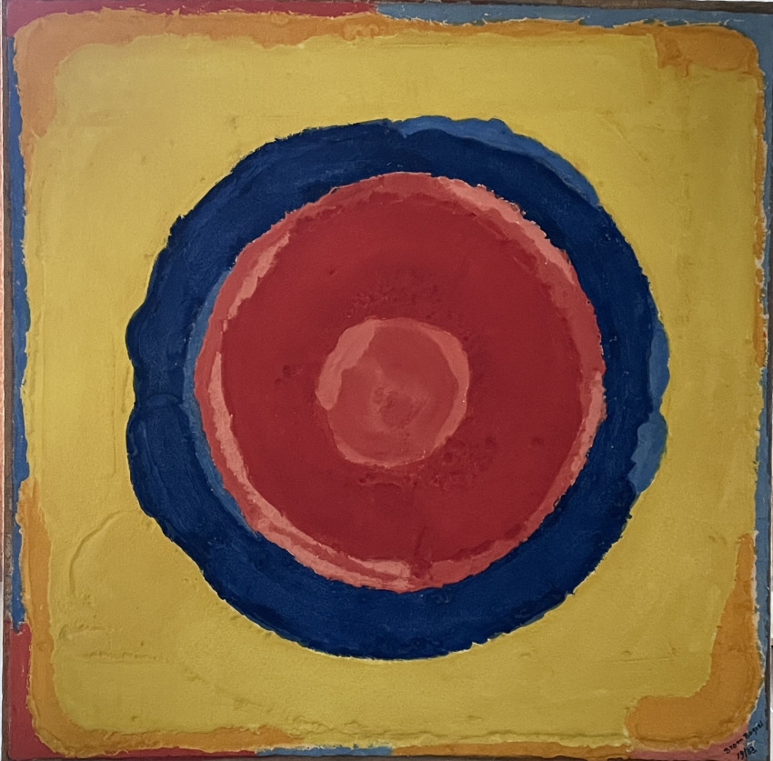 Aquagravure kunstwerk: Rood op Blauw op Geel Aquagravure kunstwerk: Rood op Blauw op Geel