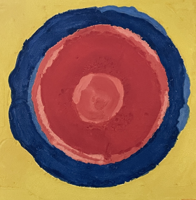 Aquagravure kunstwerk: Rood op Blauw op Geel